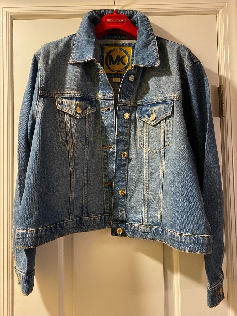 Michael Kors Shiny Gold Logo Buttons Denim Button Down Jacket NWT